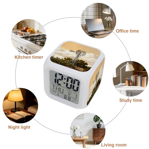 Windmill Alarm Clock, Windmill Farmhouse Sunset Field Trees Rustic Digital Clock Night Light with 7 Color, Calendar Temperature Display, NightLight Clock for Bedroom, 3.2x3.2in - color: Gold,amber,green