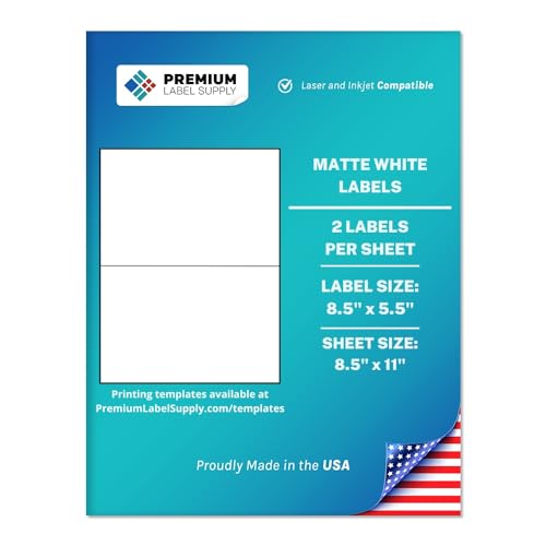 Premium Label Supply White Sticker Half Sheet Labels – 8.5" x 5.5" – Laser/Inkjet Compatible – (2 per Sheet), 100 Sheets - 200 Total Adhesive Labels - size: 200 Labels