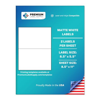 Premium Label Supply White Sticker Half Sheet Labels – 8.5" x 5.5" – Laser/Inkjet Compatible – (2 per Sheet), 100 Sheets - 200 Total Adhesive Labels - size: 200 Labels