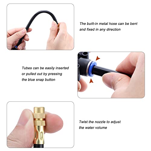 5Packs Brass Misting Nozzles Tee with 8inch Built in Hose 360° Rotation | Adjustable Water Mister Nozzles Thread Sprayer for Outdoor Cooling System 0.043" (1.1 mm) - size: 1 Way - 8inch Hose
