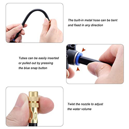 5Packs Brass Misting Nozzles Tee with 8inch Built in Hose 360° Rotation | Adjustable Water Mister Nozzles Thread Sprayer for Outdoor Cooling System 0.043" (1.1 mm) - size: 1 Way - 8inch Hose