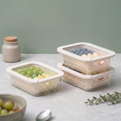Glass Food Storage Containers with Glass Lids, Microwave Safe Food Container Set, Aitight Meal Prep Container Set, BPA Free, 3 extra Colanders, LeakProof, 3 Pack of 35oz - color: Ivorywhite-3RT