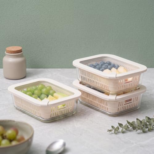 Glass Food Storage Containers with Glass Lids, Microwave Safe Food Container Set, Aitight Meal Prep Container Set, BPA Free, 3 extra Colanders, LeakProof, 3 Pack of 35oz - color: Ivorywhite-3RT