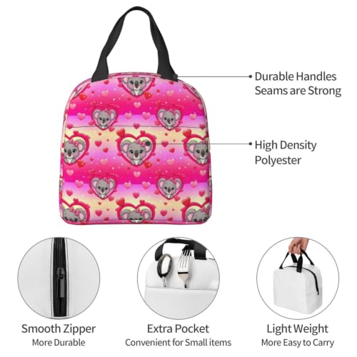 Men Koala Heart Print Insulated Lunch Tote Thermal | Koala Pink Heart, Oxford Insulated Lunch Bag, Adjustable Strap, Large Capacity for Outdoor & Camping - color: Pattern (843)