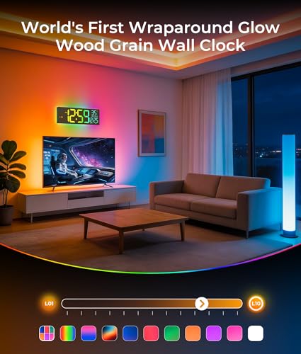 EASYERA 16.5" Large Digital Wall Clock BT Sync, 11 Scenes Mode Beige Clock | Remote Control, Big LED Clock with Dual Alarms, Auto DST, Temperature for Classroom Gaming - color: Beige