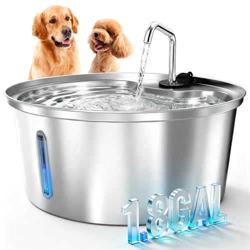Dog Water Fountain Stainless Steel, 7L/1.8Gal Pet Fountain Water Bowl with Multi-Filtration & Deeper Drinking Aera, Large Cat Water Fountain with Water Window & LED (2 Filters 1 Fountain)