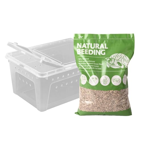 Reptile Feeding Box Turtle Transport Breeding Box Egg Incubator Container with 1.1lb Reptile Substrate Vermiculite Bedding for Snake Tortoise Lizard Hatching Eggs