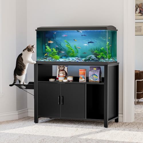 GDLF 40-50 Gallon Fish Tank Stand with Hidden Cat Litter Box Cabinet | Dual-purpose pet furniture combines aquarium support, hidden litter box storage, and a cat perch for a cleaner home setup