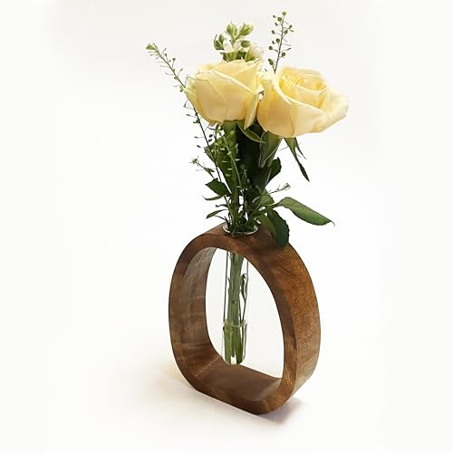 Wooden Glass Test Tube Vase Flower Holder | Plant Vase, Small Plant Terrarium Display, Desk Décor