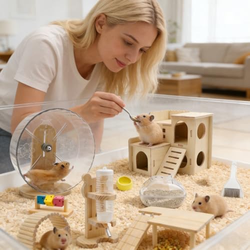 9 Pcs Hamster Cage Accessories, Silent Hamster Wheel, Wooden House and Platform, Wooden Fence, Water Bottle Set, Ceramic Food Bowl, Bath Sand Container, Mini Cleaner for Rat Mice Small Animals Habitat