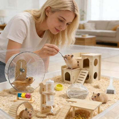 9 Pcs Hamster Cage Accessories, Silent Hamster Wheel, Wooden House and Platform, Wooden Fence, Water Bottle Set, Ceramic Food Bowl, Bath Sand Container, Mini Cleaner for Rat Mice Small Animals Habitat