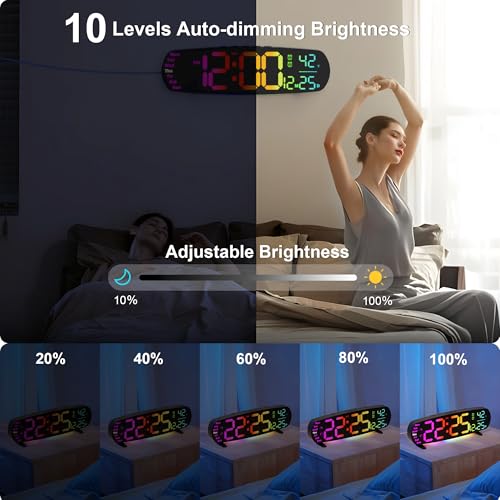 Large Digital Wall Clock for Classroom, 14.4 inch Large Display | Auto Dimming, Temperature and Date, Remote Control, Night Light, DST, Alarm, Wallclockfor Gym/Bedroom/Living/Seniors - color: Vibrant