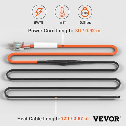 VEVOR Self-Regulating Pipe Heating Cable, 12FT 5W/FT Heat Tape for Pipes Freeze Protection, Water Pipe Heat Cable with Built-in Thermostat Protects PVC Hose, Metal and Plastic Pipe from Freezing - size: 12 Feet