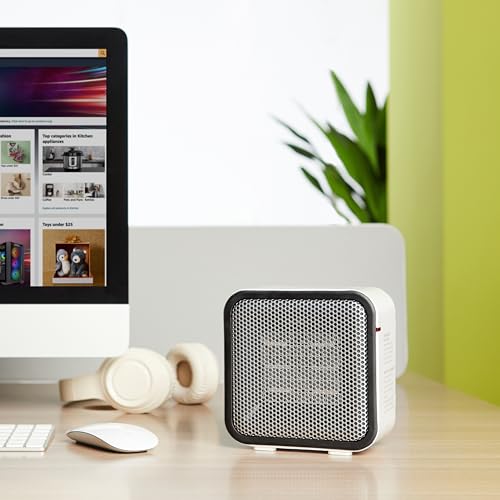 Amazon Basics Ceramic Space Heater, Portable Mini Heater for Office Desk, 500W, With Tip-Over Protection, Lightweight 1.4 lbs, White, 5.9"D x 3.2"W x 6"H - size: 5.9 x 3.2 x 6 inches