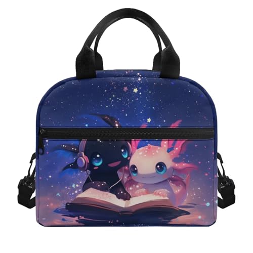 Axolotl Kids Lunch Bag Girls Reptiles Lunch Box Outdoor Book Insulated Lunch Tote Bag Portable Lunch Containers Travel Camping Lunchbag with Shoulder Straps Galaxy Lunch Boxes - color: Axolotl Book Galaxy