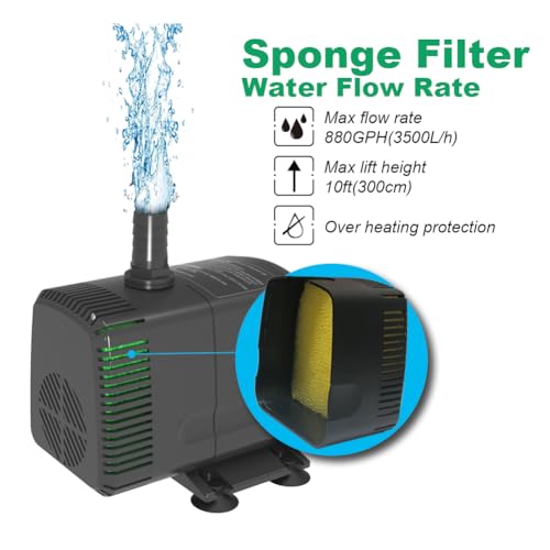 Submersible Water Pump 880GPH Pond Pump for Fountains | 10ft Lift, 9.8ft Power Cord, Ultra Quiet, Over Heating Protection for Pond, Fountain, Hydroponic, waterfall, Aquarium - size: 880GPH fixed flow