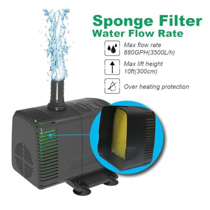 Submersible Water Pump 880GPH Pond Pump for Fountains | 10ft Lift, 9.8ft Power Cord, Ultra Quiet, Over Heating Protection for Pond, Fountain, Hydroponic, waterfall, Aquarium - size: 880GPH fixed flow