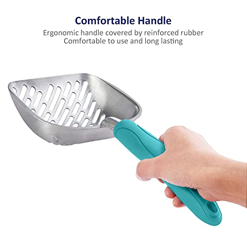 Cat Litter Scoop, Aluminum Alloy Sifter, Kitty Metal Scooper, Deep Shovel with Diagonal Sifting Hole, Long Handle, Kitten Poop Lifter for Litter Box, Large Size, Turkish Blue Handle - color: #02 Turkish Blue, size: Large