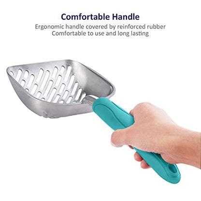 Cat Litter Scoop, Aluminum Alloy Sifter, Kitty Metal Scooper, Deep Shovel with Diagonal Sifting Hole, Long Handle, Kitten Poop Lifter for Litter Box, Large Size, Turkish Blue Handle - color: #02 Turkish Blue, size: Large