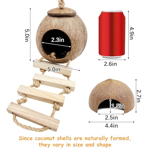 kathson 8PCS Natural Coconut Hut Hamster Hiding House Pet Cave Small Animal Cage Habitat Decor Hanging Hamster Toys with Ladder for Gerbils Hermit Crabs Dwarf Lizards