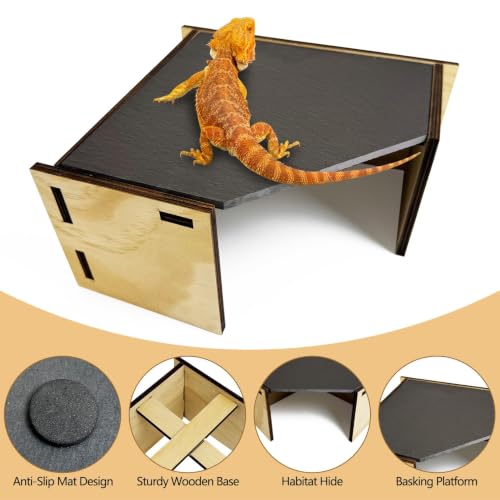 PINVNBY Large Bearded Dragon Basking Platform Wooden Snake Hide Ball Pythons Hide with Slate Rock Leopard Gecko Tank Accessories for Crested Gecko Chameleon(Triangle: 12.6 x 9.84 x 4.53 inches)