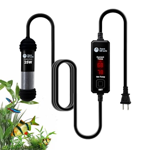 AquaMiracle 25W Small Aquarium Heater Fish Heater, Super Mini Fish Tank Heater Turtle Tank Heater for 3-5 Gal Tanks, with Dual LED Display, Dry-Run/Overheating Protection & Memory Function - size: 3-5 Gal Tanks