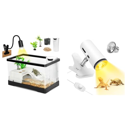 AZV All In One Turtle Tank Kit,PC Large Aquarium,Red Eared Slider Aquatic for Baby Tortoise,Fishes and Amphibians,Include Basking Platform*1,Filter*1,Filter Plates*2,Plants*2,UVB Lamp*1,Bulb*1,Stone*1