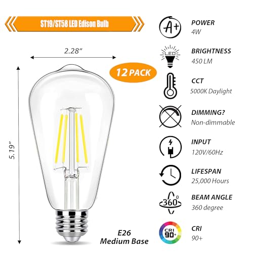 winsaLED 5000K Daylight LED Edison Bulbs 40W Equivalent, Non-Dim, 12 Pack | 4W ST19 LED Light bulb, E26 Standard Base, 90 CRI, 450LM - color: 5000k-daylight