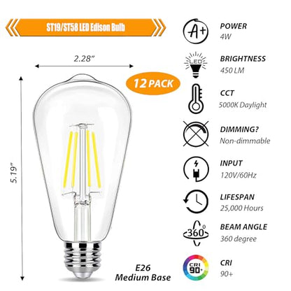 winsaLED 5000K Daylight LED Edison Bulbs 40W Equivalent, Non-Dim, 12 Pack | 4W ST19 LED Light bulb, E26 Standard Base, 90 CRI, 450LM - color: 5000k-daylight