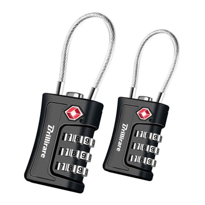 2 Pack TSA Approved Luggage Locks, Combination Travel Cable Padlock, 3-Digit Waterproof Lock, TSA Accepted Outdoor Keyless Resettable Lock for Lockers, Bags, Gym, Gate-Black