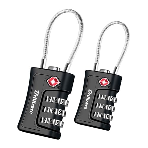 2 Pack TSA Approved Luggage Locks, Combination Travel Cable Padlock, 3-Digit Waterproof Lock, TSA Accepted Outdoor Keyless Resettable Lock for Lockers, Bags, Gym, Gate-Black