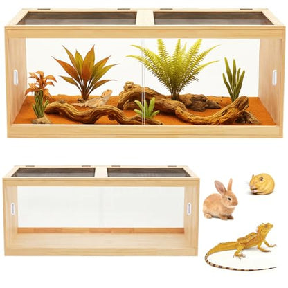 CroBlissful 47" L x 16" W x 16" H Bearded Dragon Enclosure Tank (44 Gallons) –Reptile Enclosure, Lizard Terrarium with Sliding Door & Metal Mesh Top, Suitable for Reptiles, Hamsters (Solid Wood Style)