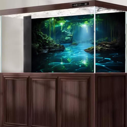 Fantasy Underwater Cave Aquarium Background Light Beam Crystal Clear Water Fish Tank Background Tropical Green Plants Undersea Cave Terrarium Backgrounds Misty Jungle Reptile Tank Backgrounds 24x12in - color: Black_Green, size: 24(W)x12(H)in