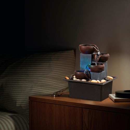 Tabletop Fountain 4 Level Small Waterfall Fountain Indoor Relaxing Water Feature Meditation Fountain for Home Office Bedroom Decoration Including LED Lighting Natural Rocks as Festival Gifts