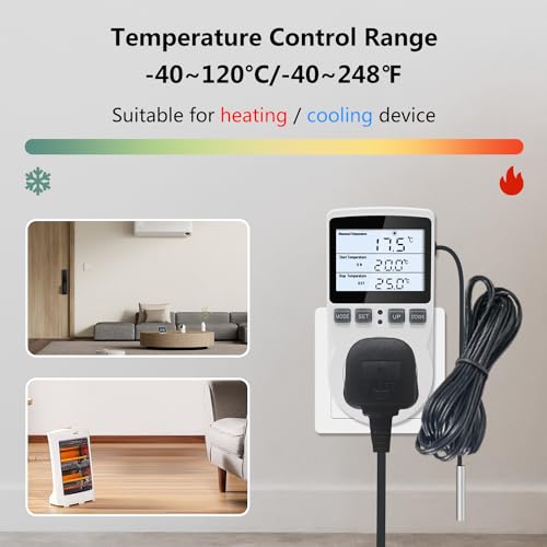 KT3100BL Digital Temperature Controller Outlet Socket Plug in Thermostat | HD LCD Display 15A 120V Output with Blue Backlight 3m Temperature Sensor - style: KT3100BL Blue backlight