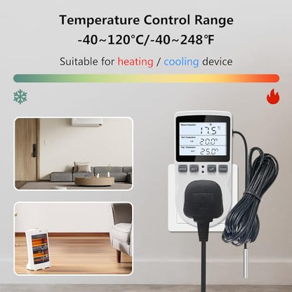 KT3100BL Digital Temperature Controller Outlet Socket Plug in Thermostat | HD LCD Display 15A 120V Output with Blue Backlight 3m Temperature Sensor - style: KT3100BL Blue backlight