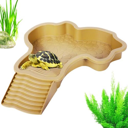 Turtle Water Pool Aquarium Ornament | Turtle Soaking Tub with Ladder Turtle Pool Scenery for Gecko, Turtle, Bearded Dragon, Aquatic Climbing Pet, Amphibians - color: Brown