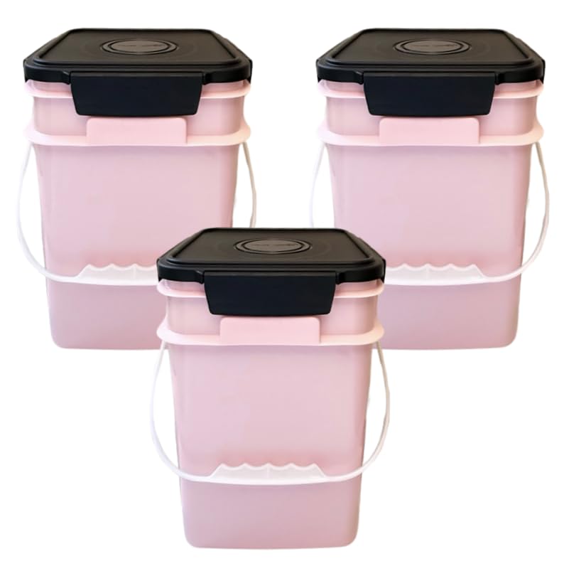 4 Gallon Square Food Grade Bucket Pail with Plastic Handles and Lid (Pack of 3) Made in USA containers (Pink - Black lids) - color: Pink - Black Lids