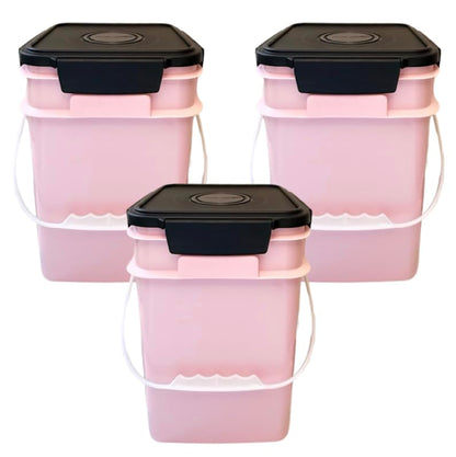 4 Gallon Square Food Grade Bucket Pail with Plastic Handles and Lid (Pack of 3) Made in USA containers (Pink - Black lids) - color: Pink - Black Lids