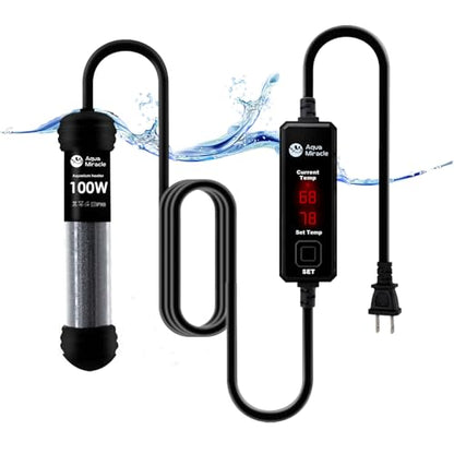 AquaMiracle Upgraded 100W Small Aquarium Heater Fish Tank Heater Turtle Heater Super Mini Aquarium Heater, Dry-Run/Overheating Protection and Memory Function, Dual LED Display, for 10-20 Gal Tanks - size: For 10-20 Gal Aquariums
