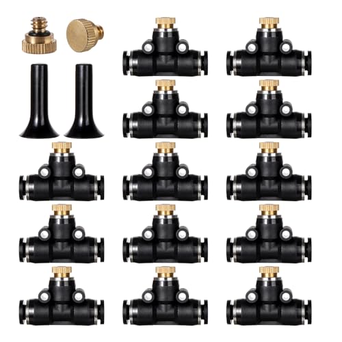 12 Pack Brass Misting Nozzles Outdoor Cooling System | Include 12 Heavy Duty Misting Nozzle,12 Tees,2 Brass Plugs,2 Black Plugs for Outdoor Cooling system - size: 12pc-Brass Misting Nozzles kit