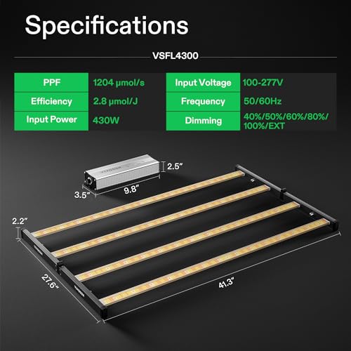 VIVOSUN VSFL4300 430W LED Grow Light Foldable 4-Bar Dimmable Full Spectrum | Enhanced UR/FR spectrum promotes vigorous flowering and heavier yields in medium-to-large grow areas - size: 3.9x3.9