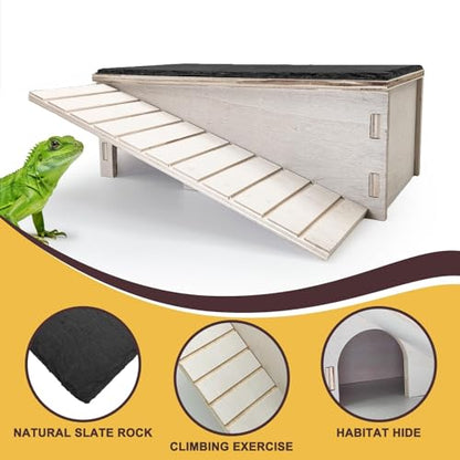 Large Bearded Dragon Basking Platform,Wooden Reptile Hide Cave with Slate Rock Climbing Ramp Tank Accessories for Leopard Geckos,Lizard,Snake,Tortoise - size: L:12.9×7.1×4.7"