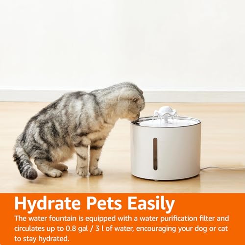 Amazon Basics Large Capacity Pet Water Fountain with Stainless Steel Top, Ultra Quiet, Easy to Clean, BPA Free, 3L, White, 3 Filters Included (Pack of 8) - size: 0.8 gal (Pack of 8), style: Water Fountain