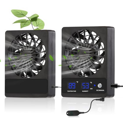 Reptile Ventilation Fan with Hygrometer & Temperature Display, Auto Adjusting Humidity & Temperature, for Aquariums & Insect Tanks, 2-Pack