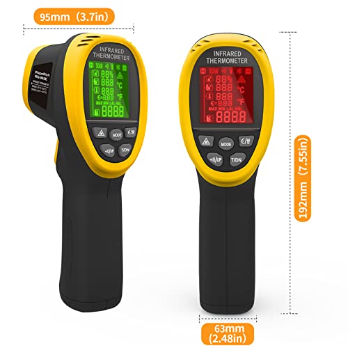 Infrared Thermometer Gun -58℉~1472℉, WapoRich Dual Laser Pyrometer, Non-Contact Digital Temp Gun w/Humidity, Ambient Temp & Dew Point, Temp Alarm for Cooking, BBQ, HVAC【NOT for Human】