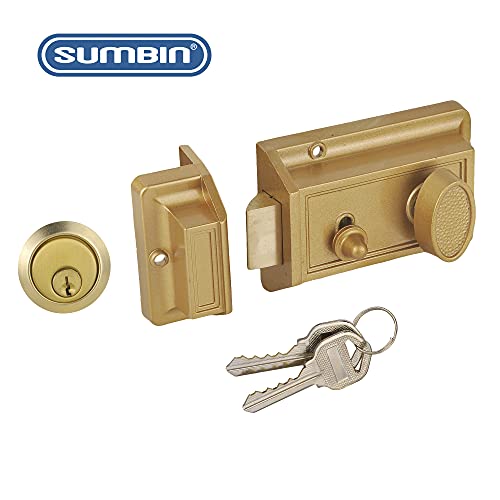 Night Latch Deadbolt Rim Lock,Antique Locks with Keys for Front Door,Gold Finish - color: Gold