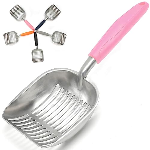 Cat Litter Scoop, Kitty Metal Scooper, Aluminum Alloy Sifter, Kitten Pooper Lifter, Deep Shovel, Long Handle, Poop Sifting, Durable, Heavy Duty, for Litter Box - color: Flat Aluminum-Pink Handle, size: Large