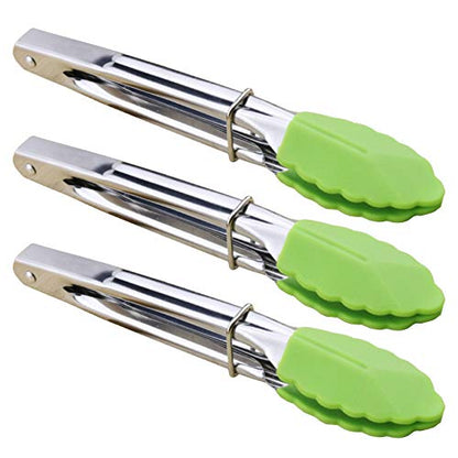 HINMAY 7" Mini Tongs with Silicone Tips, Set of 3 (Green) | 7 Inches Silicone Cooking Tongs - color: Green