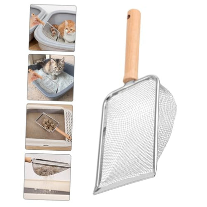 Wood Handle Stainless Steel Reptile Litter Scoop Sifting Shovel with 2x2mm Mesh Screen for Terrarium Cleaning Indoor Pet Waste Removal Tool